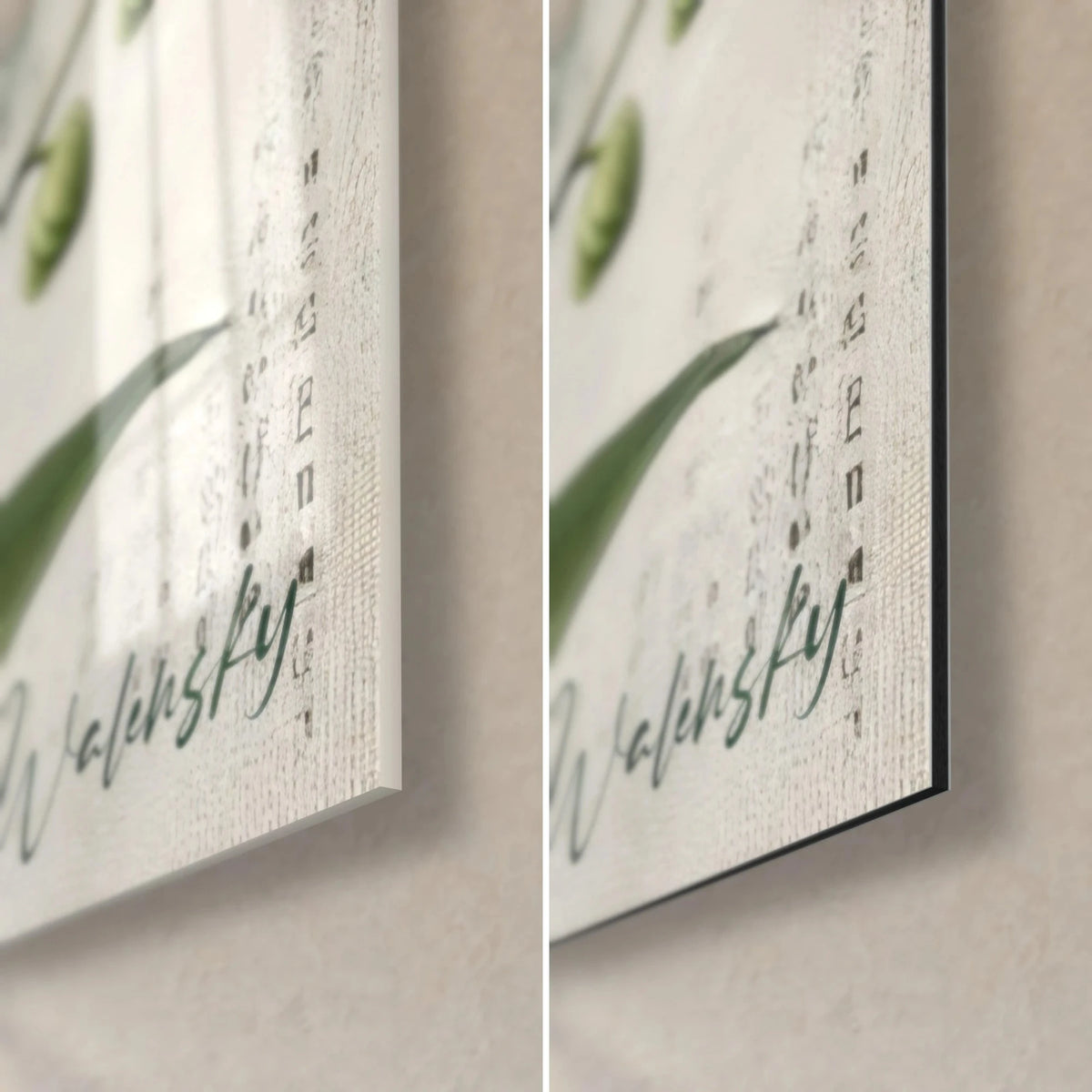 Gemälde weiße Orchideen, Walensky-Signatur in Salbeigrün, glänzende Glasecke unten rechts und mattschwarzes Alu-Dibond, 3 mm Stärke