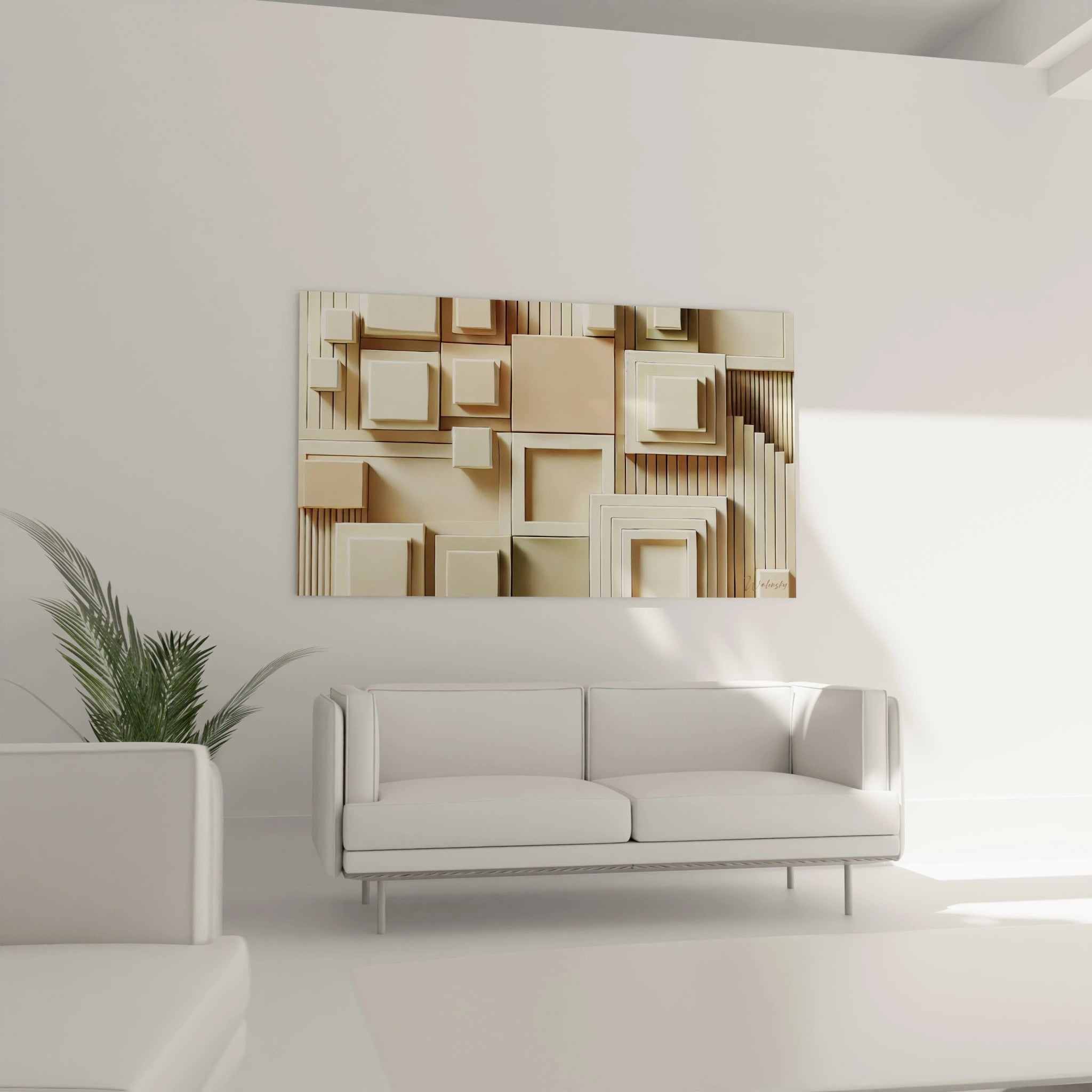 "Tableau 'Ordre en Relief' au-dessus d'un canapé dans un salon minimaliste. Les formes cubiques et les tons beige apportent une harmonie visuelle et un style contemporain à l'espace."

