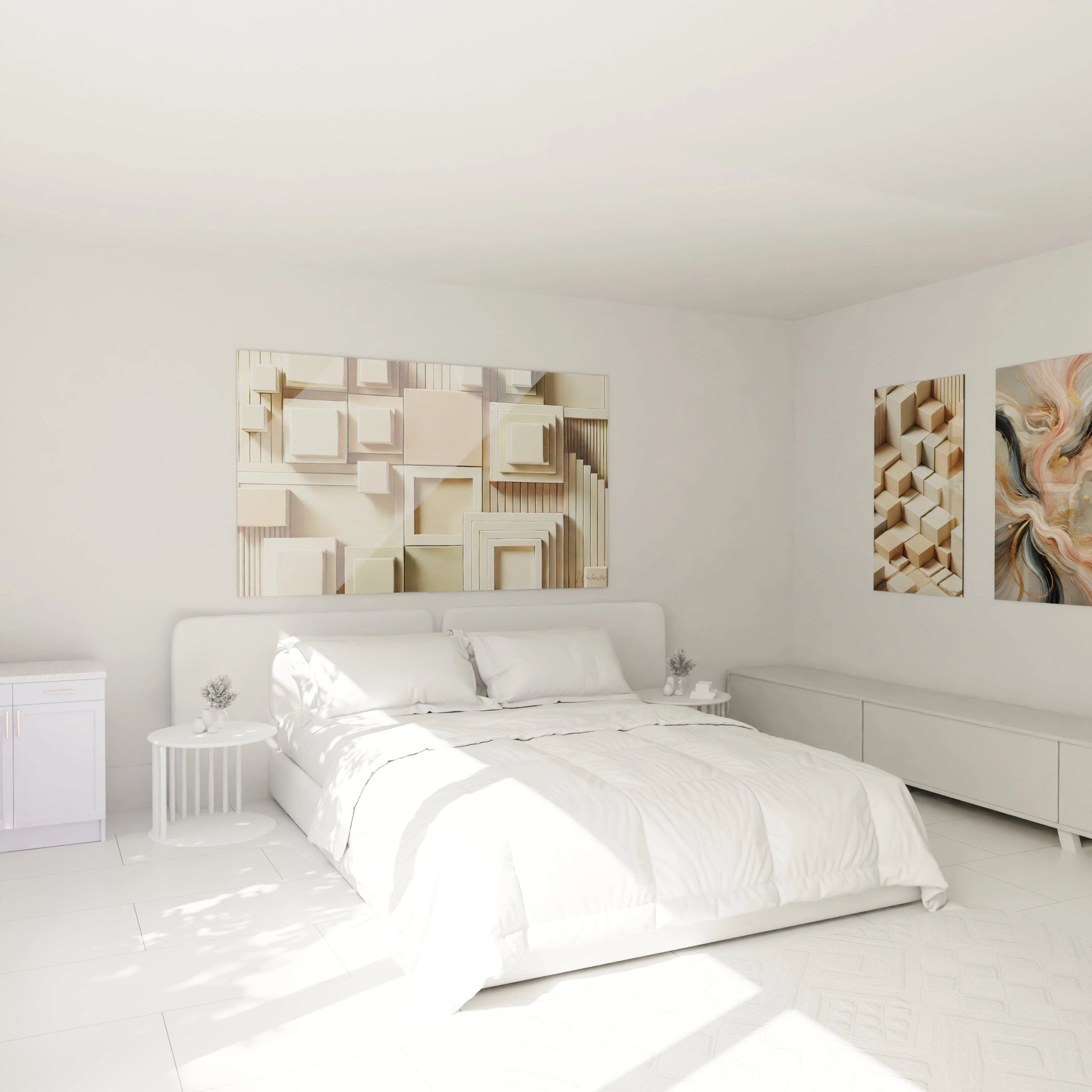"Tableau 'Ordre en Relief' accroché au-dessus du lit dans une chambre moderne. Une composition géométrique en tons neutres, apportant une touche de design contemporain et un effet de volume subtil."

