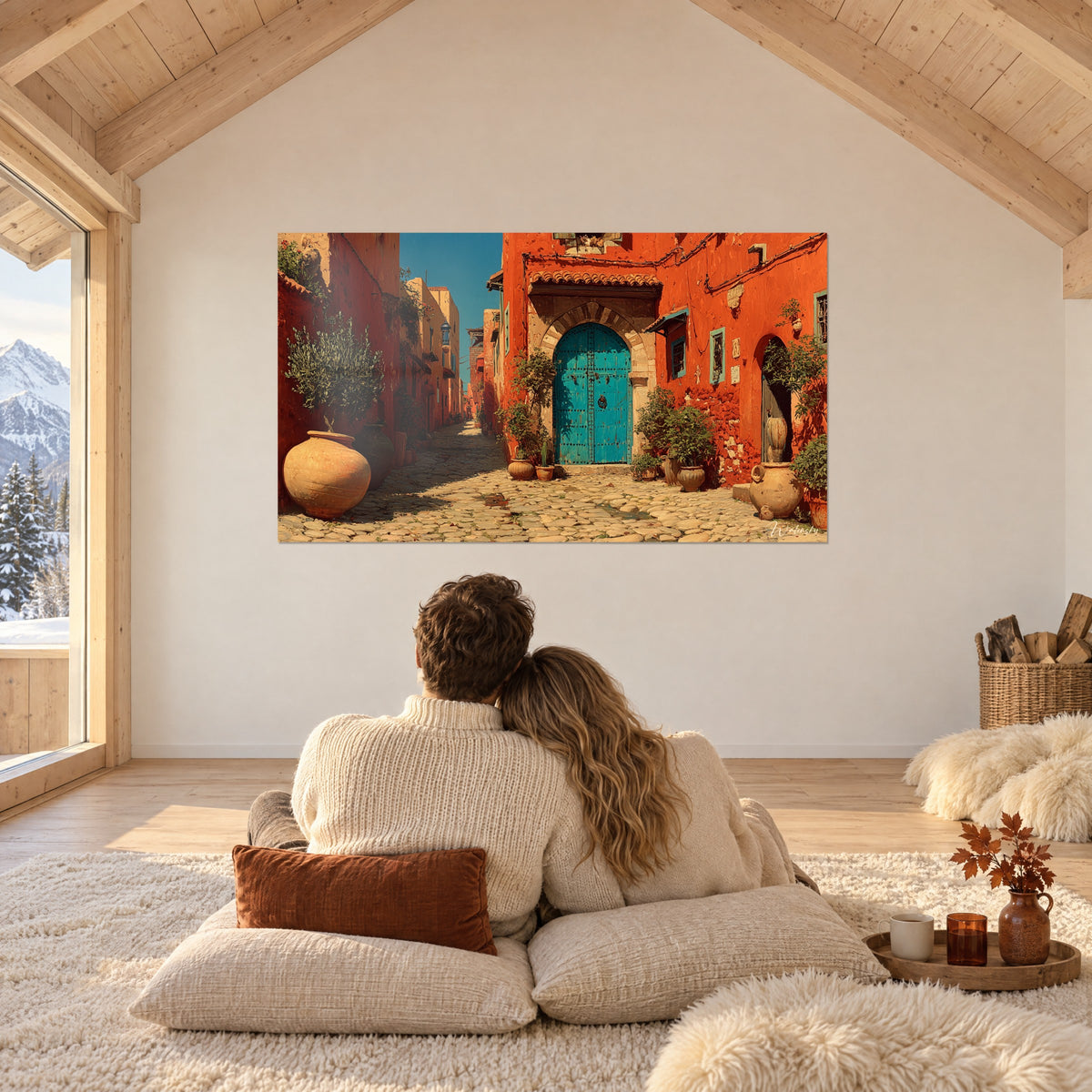 Tableau village d'orient baigné de soleil, murs rouge brique, porte azur à arche de pierre et jarre ocre, devant un couple lové sur des coussins