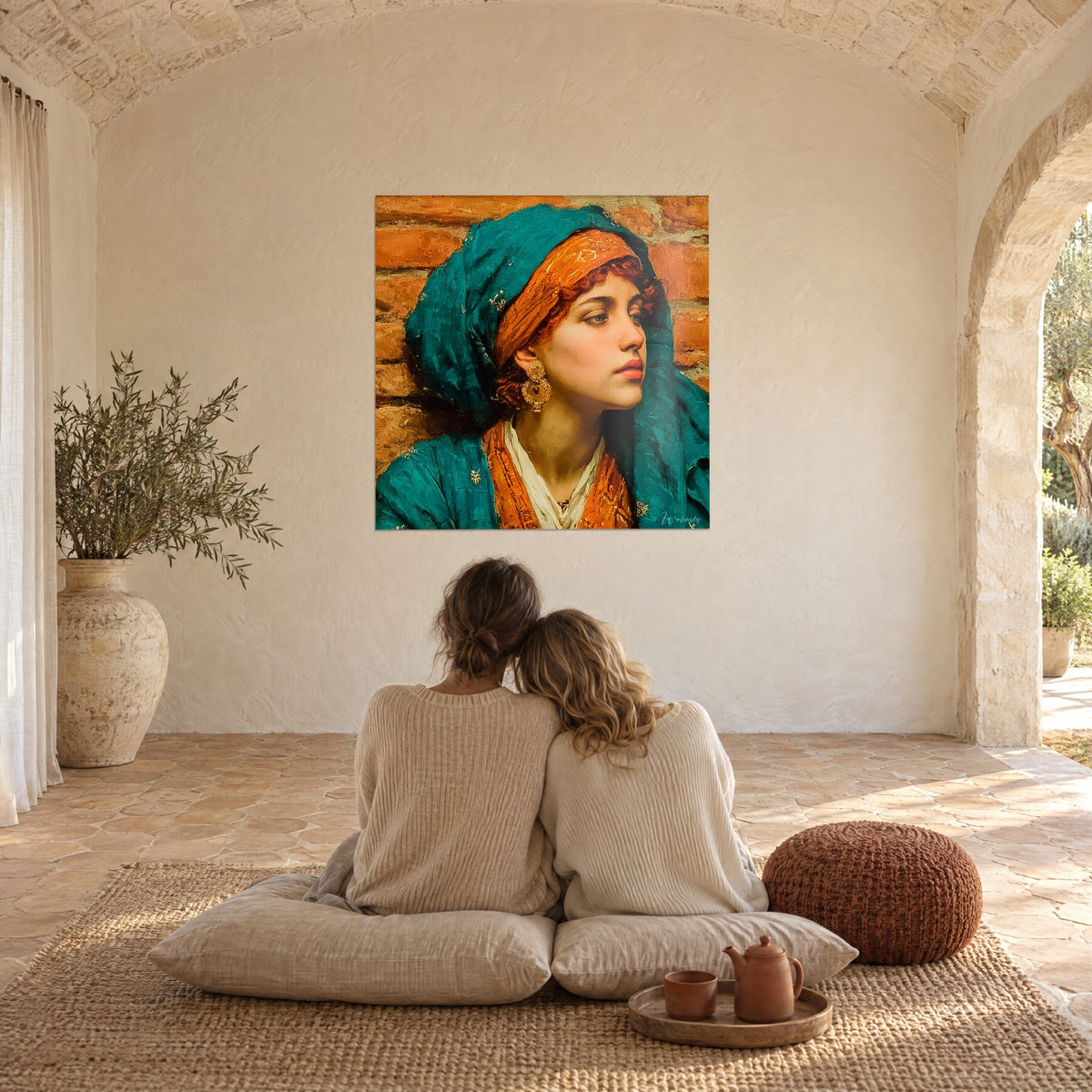 Tableau orientale aux cheveux auburn, turquoise profond et orange brûlé, face à un couple de dos assis sur des coussins, mas