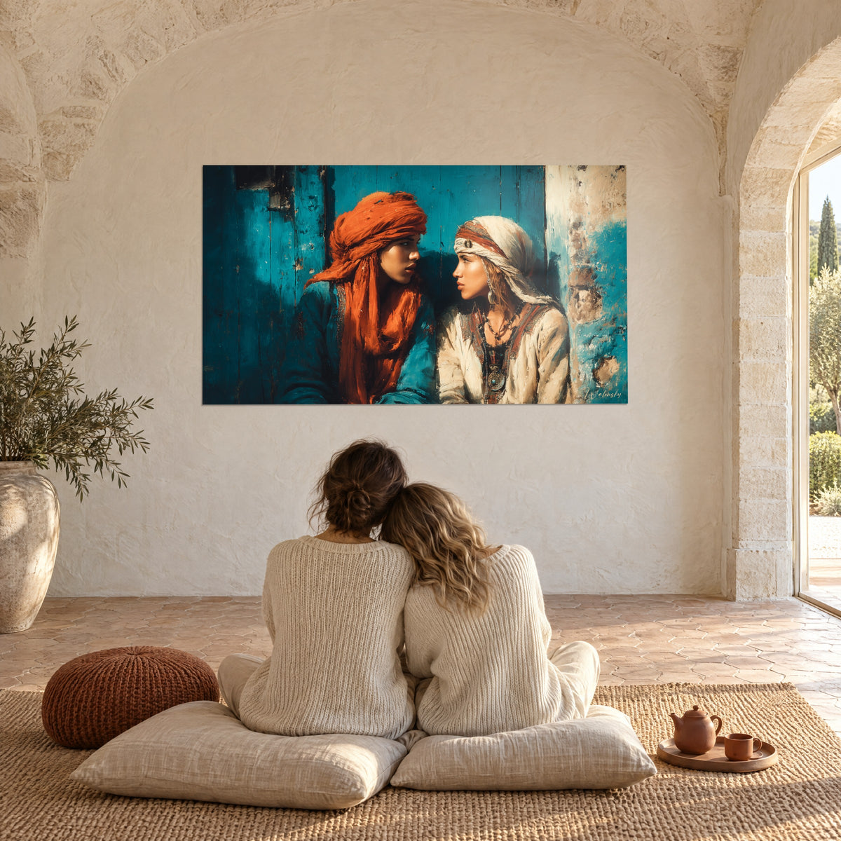 Tableau peinture orientaliste de deux femmes complices, turban rouille, voile beige, pan turquoise écaillé, vu depuis des coussins au sol