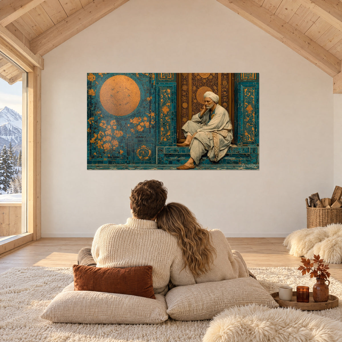 Schilderij orientalistische scène van een dromerige wijze, gouden arabesken en diep blauw mozaïek, tegenover een koppel met de rug naar de kijker in een chalet