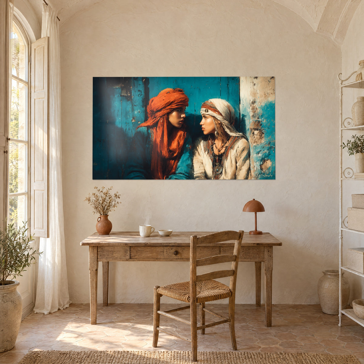 Tableau duo de visages de profil, tissu rouge brique et bijoux dorés sur fond azur usé, accroché au-dessus d'un bureau en bois clair