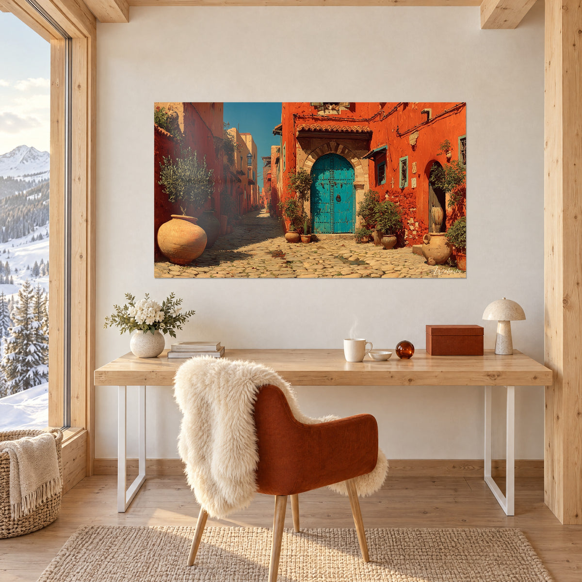 Tableau cour orientale pavée, murs orange vif, porte turquoise voûtée et amphores sable, au-dessus d'un bureau clair avec chaise rouille