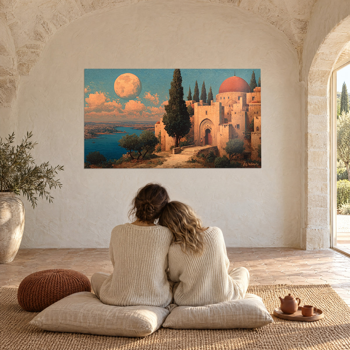Tableau panorama oriental, dôme rouge, golfe bleu profond, nuages rosés, contemplé par deux personnes assises sur des coussins
