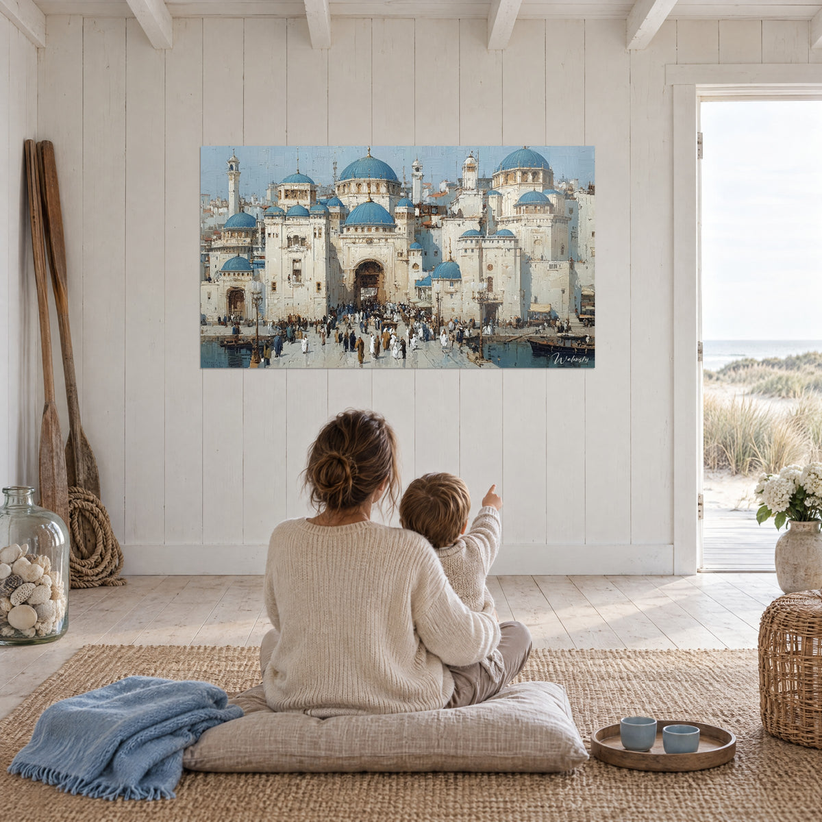 Gemälde elfenbeinfarbene Minarette und türkisfarbene Kuppeln über einem belebten Platz, blassblauer Himmel, weiße Lamellenwand am Meer