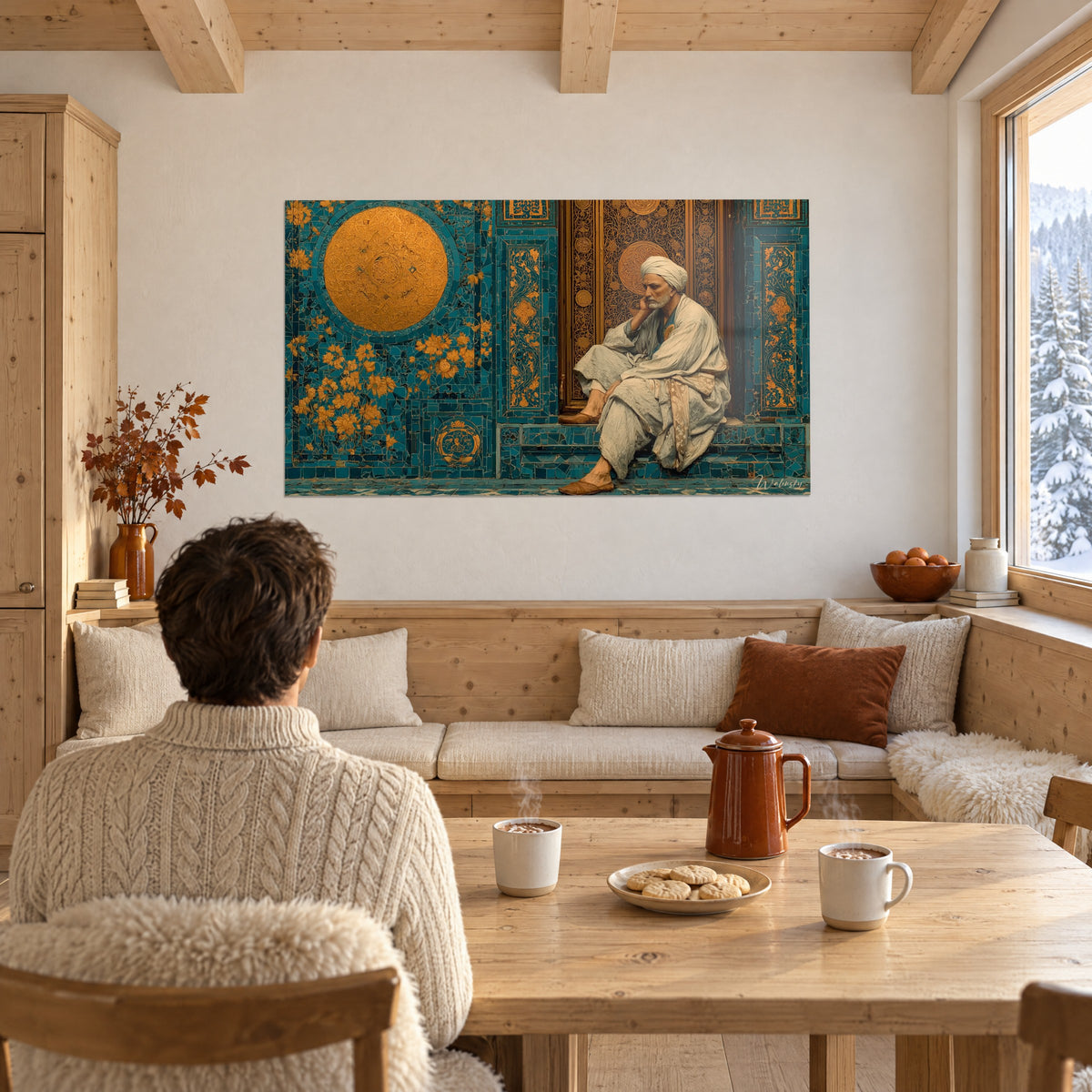 Schilderij oosters paleis met azuurblauwe en gouden tegels, oude geleerde leunend op zijn elleboog, hoofd in de hand, in een besneeuwd houten chalet