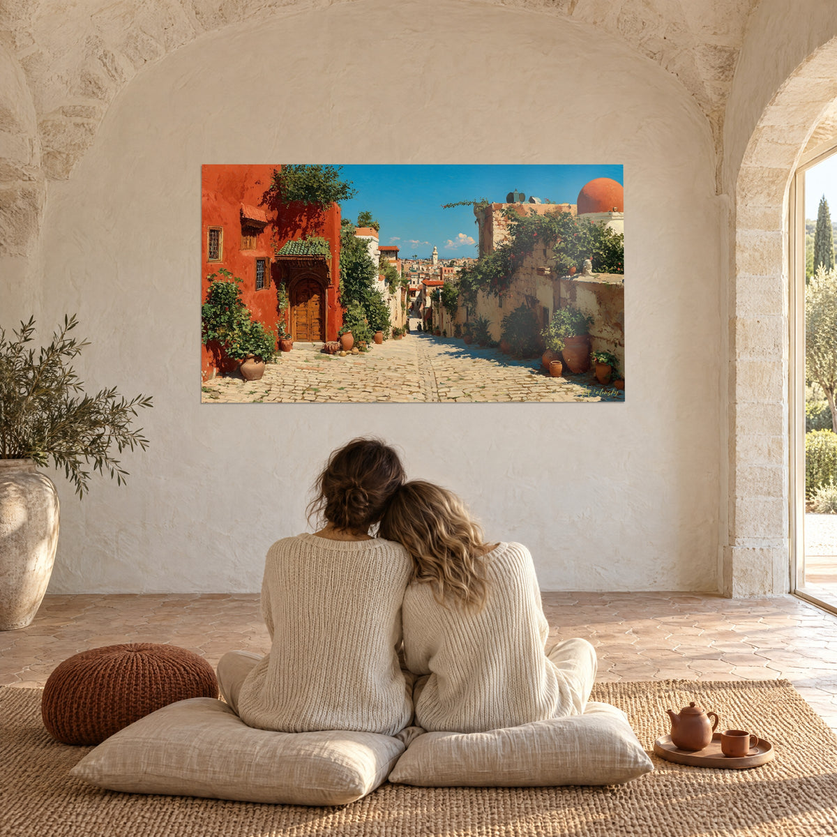 Gemälde eines gewölbten Durchgangs in einem orientalischen Dorf, rote Kuppel, kletternde Weinreben und leuchtend blauer Himmel, ein sich umarmendes Paar von hinten auf Kissen
