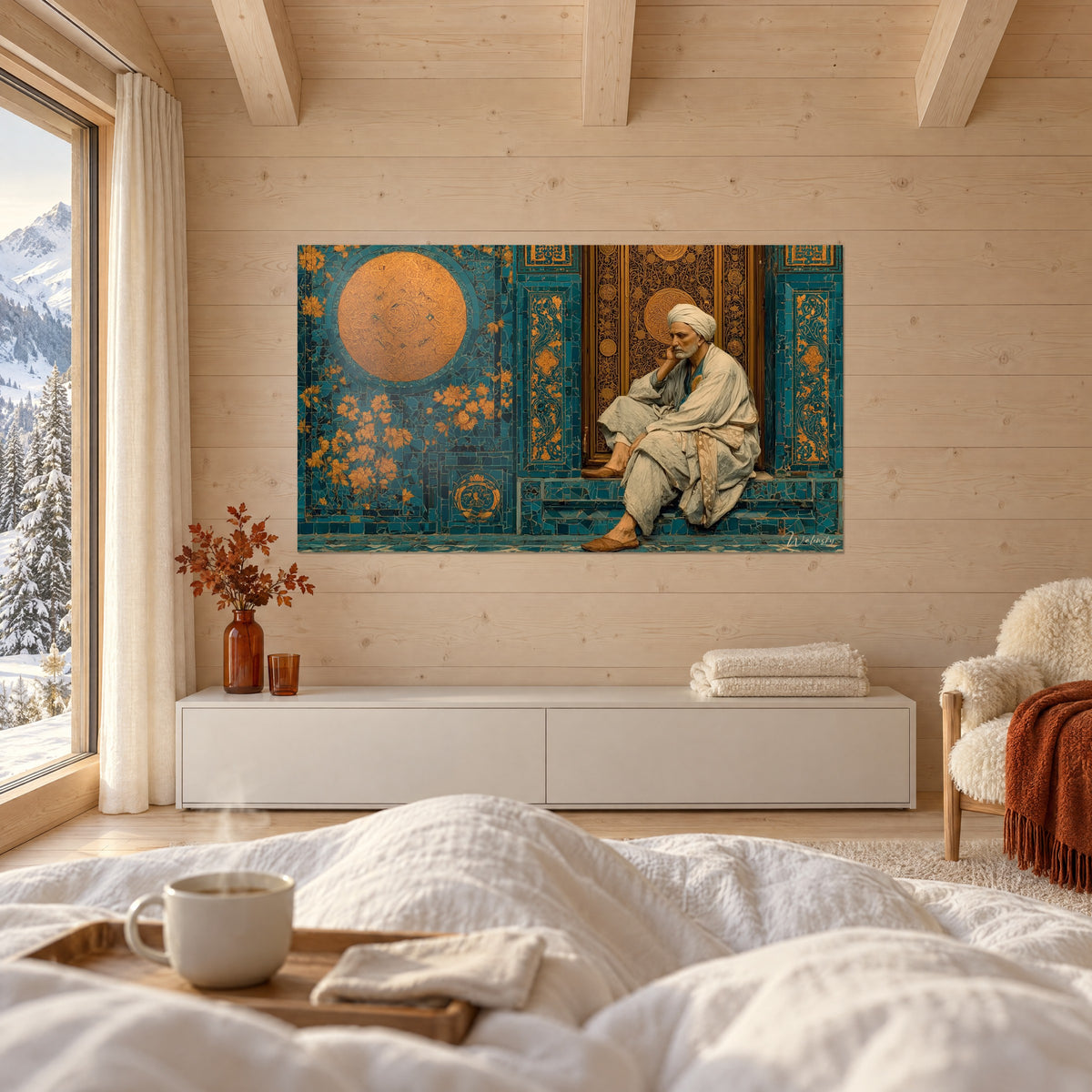 Schilderij denker met witte tulband leunend tegen een gebeeldhouwde deur, eendenblauw mozaïek en goud, boven een bed in een lichte slaapkamer