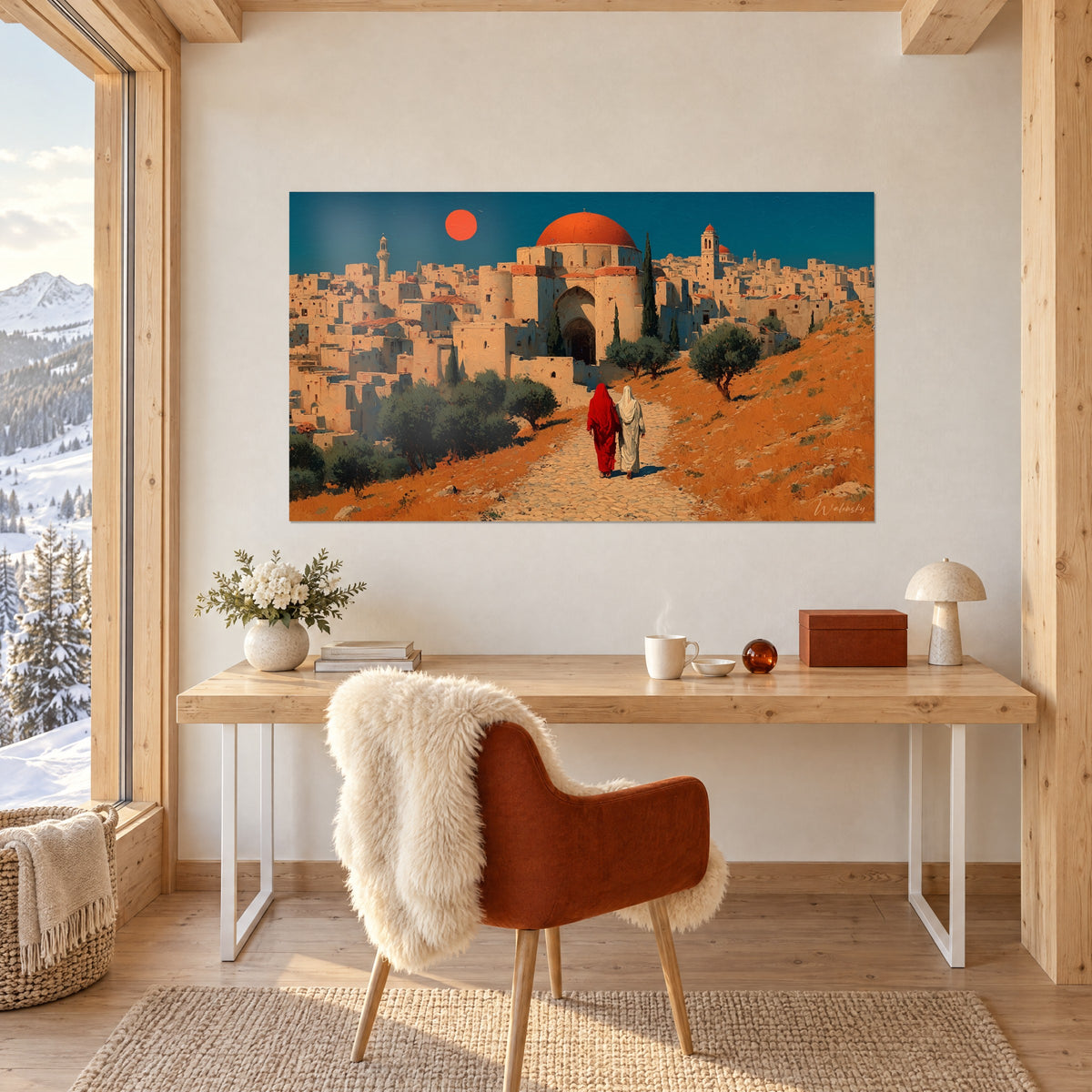 Quadro città di pietra bionda e ulivi, cielo blu anatra e astro scarlatto, sentiero lastricato, appeso sopra una scrivania chiara vicino a una finestra