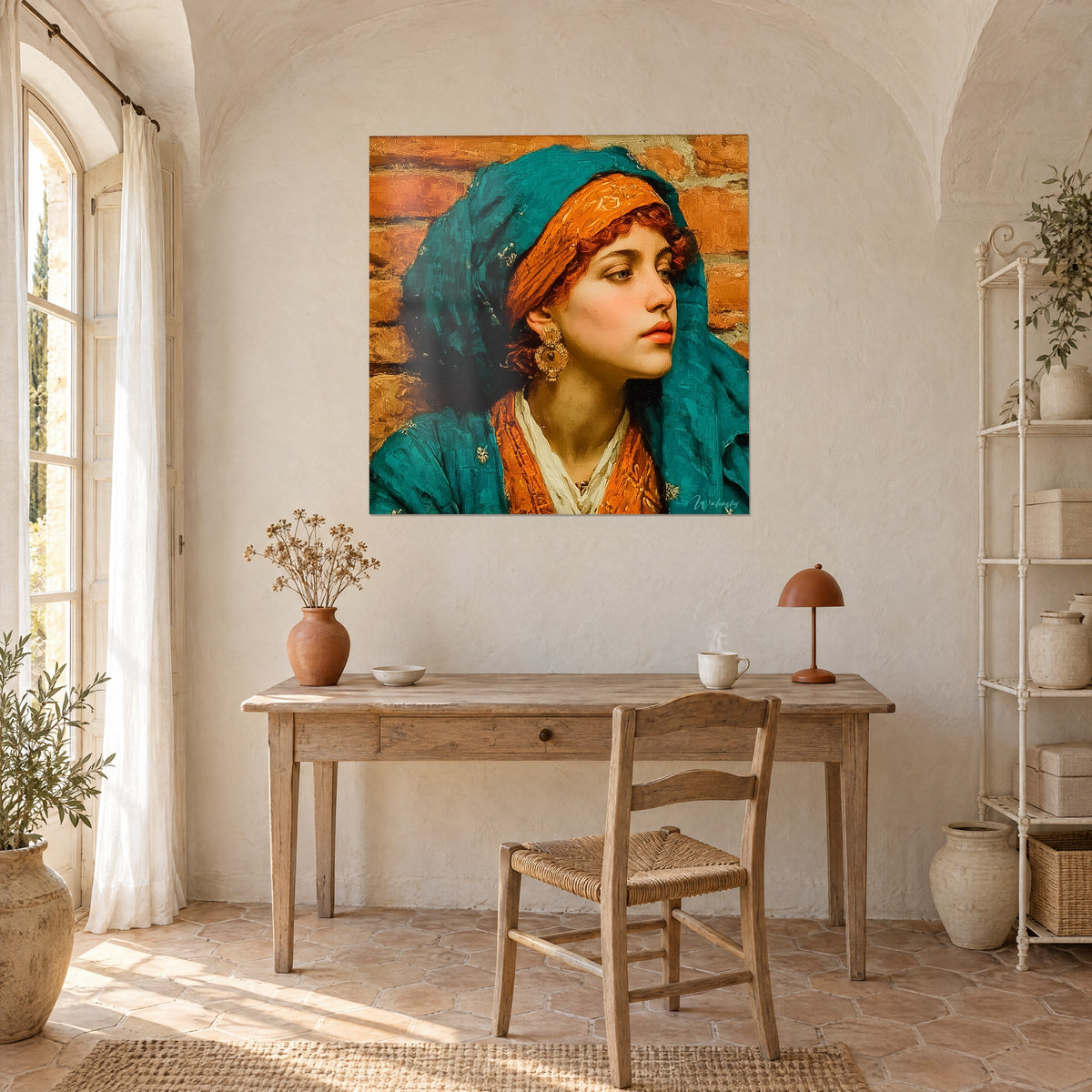 Tableau égérie orientaliste en peinture à l'huile, turban cuivré, voile bleu-vert, sur un mur blanc au-dessus d'un bureau en bois