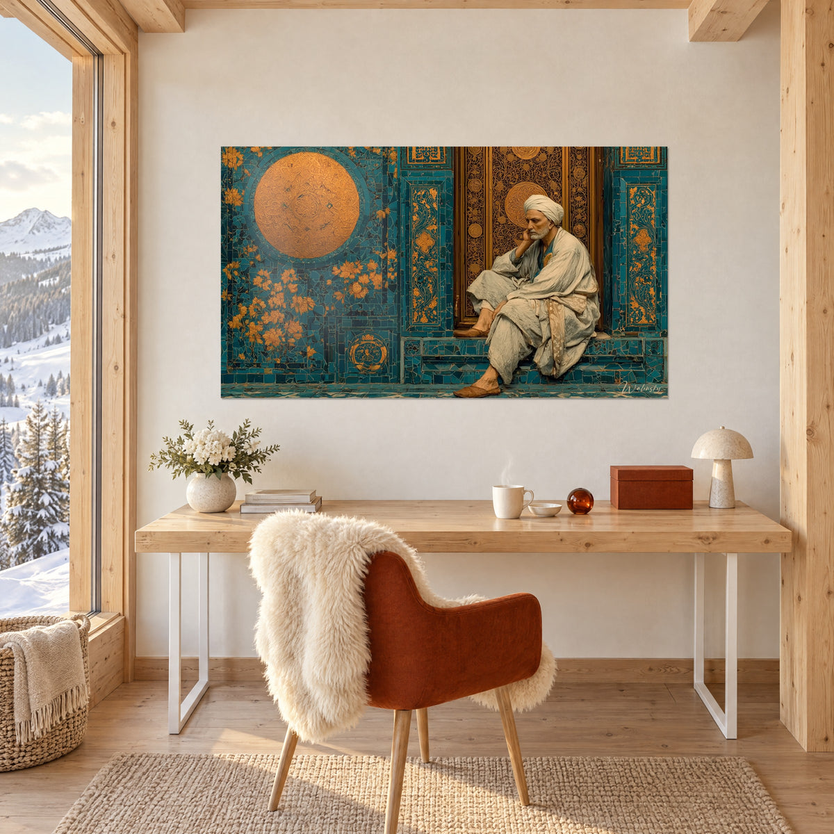 Schilderij bebaarde man in ivoorkleurige tuniek op een getegelde trede, gouden zon tegen turquoise achtergrond, boven een wit bureau