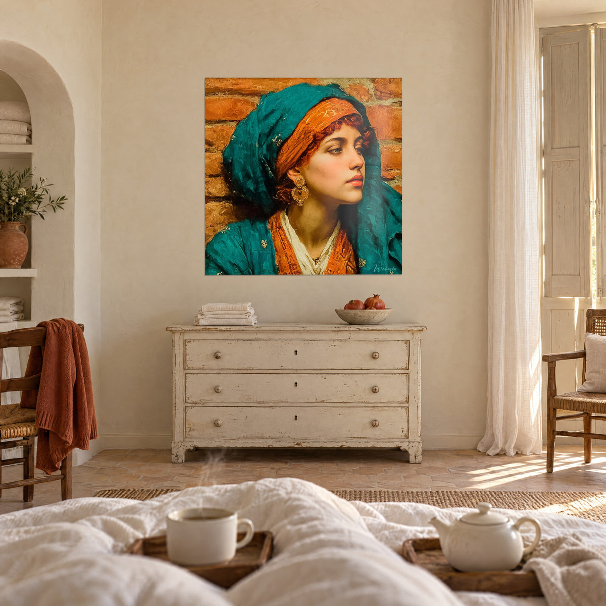 Tableau visage de profil aux boucles rousses, châle vert émeraude et lèvres corail, au-dessus d'un lit dans une chambre claire