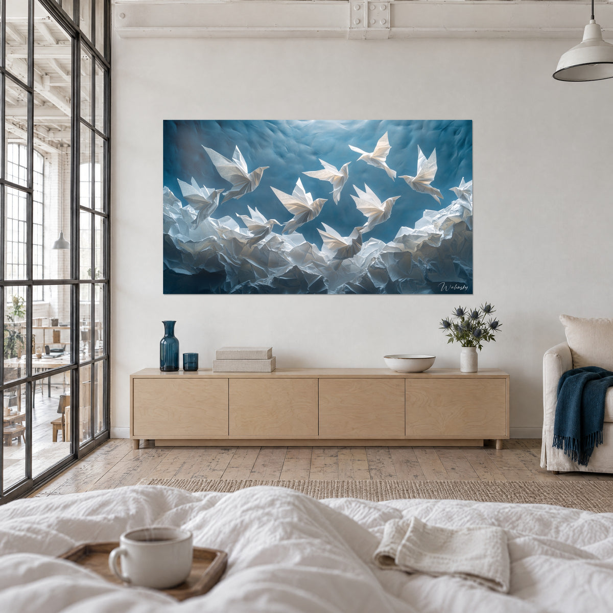 Tableau envol d'oiseaux pliés, blanc crème et bleu acier, face à une personne de dos au-dessus d'un lit dans une chambre claire