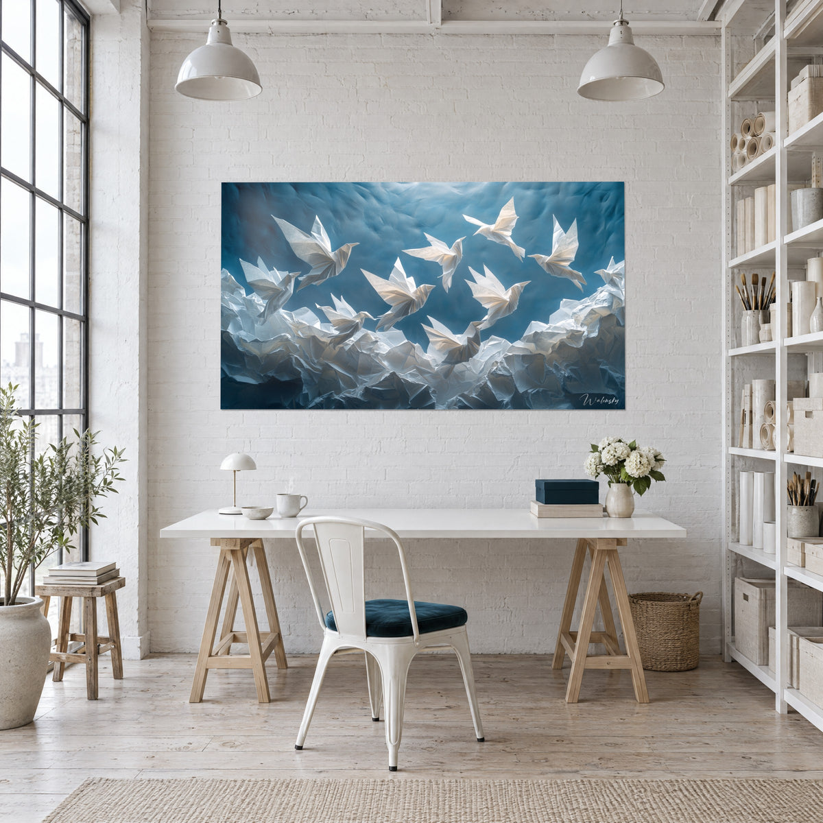 Tableau oiseaux origami aux arêtes vives, blanc laiteux sur fond bleu ardoise, mur blanc d'un bureau près d'une bibliothèque