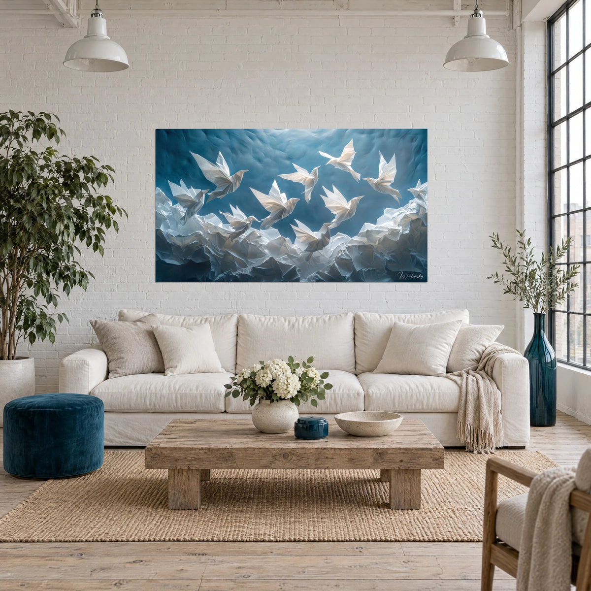 Tableau colombes en origami blanc nacré sur ciel bleu pétrole, au-dessus d'un canapé dans un salon lumineux