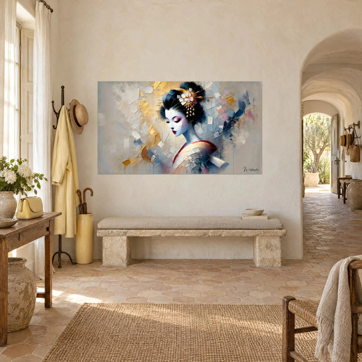 Wall art portrait of a geisha with red lips, cream kimono edged in red, thick-textured gold and grey highlights, whitewashed wall of a Provençal farmhouse