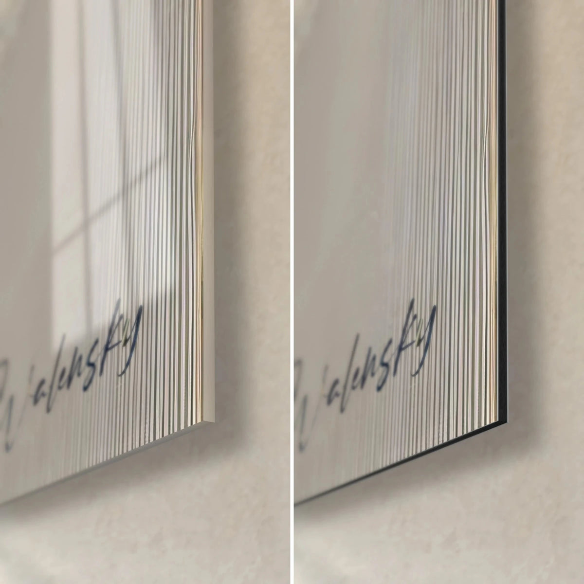 Wall art of a young geisha with closed eyelids, bottom right corner signed Walensky: glossy acrylic glass on the left, matte black Dibond on the right, 3 mm edge