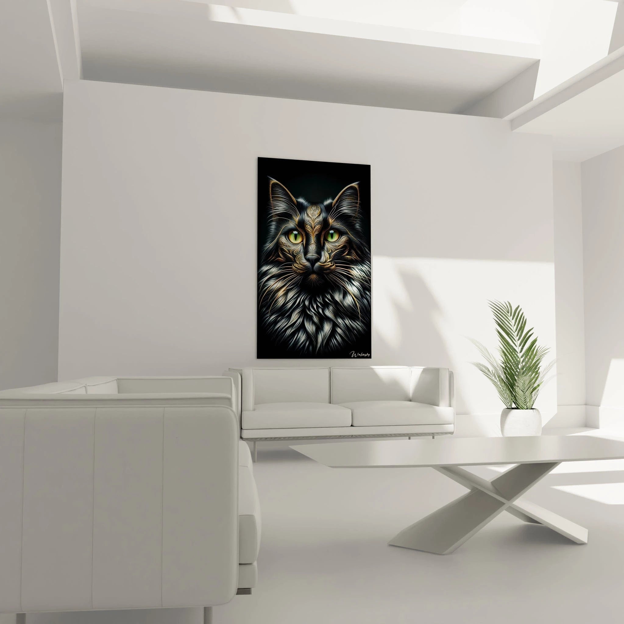 Un tableau d'animal montrant un chat noir face à l'observateur avec des ornements dorés stylisés formant des motifs végétaux sur son visage. Les yeux vert-jaune à pupilles fendues dominent le visage félin. La texture complexe combine des mèches argentées ondulantes et des éléments décoratifs dorés minutieusement intégrés au pelage.

