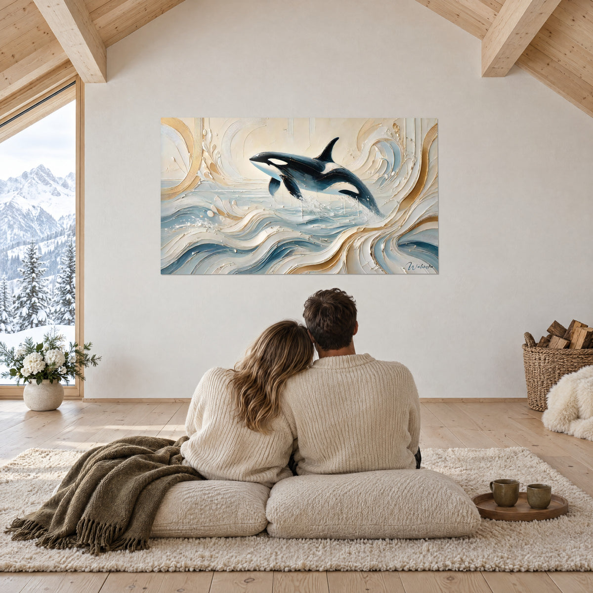 Tableau silhouette d'orque sur mer sculptée, crème, bleu nuit et or, vue par un couple de dos sur coussins, chalet enneigé