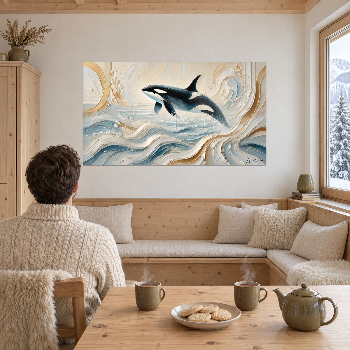 Tableau grand dauphin noir et blanc surgissant de la houle crème et bleu, dorures en spirale, avec couple de dos au chalet