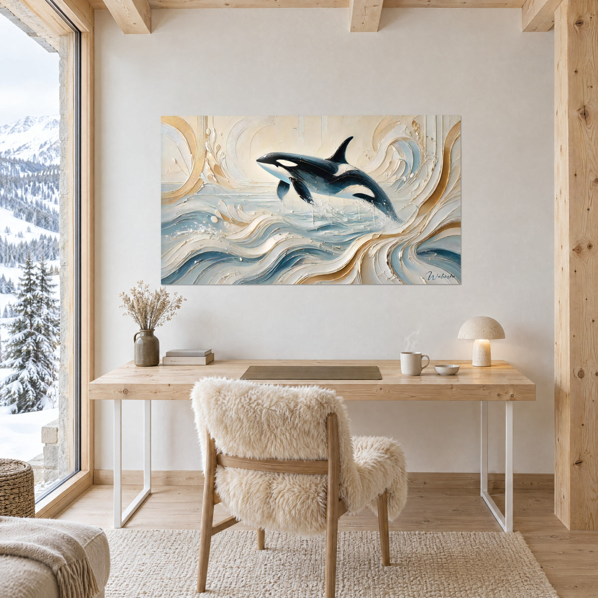Tableau mammifère marin à l'ailette dressée, éclaboussures blanches, vagues sable et bleu gris, face à un bureau en bois clair