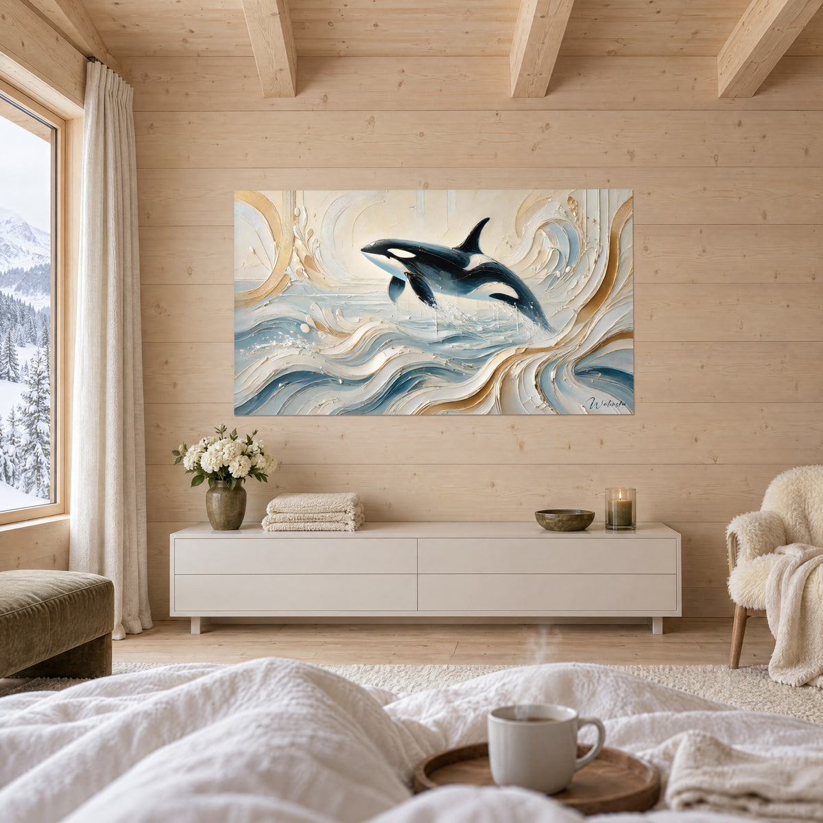 Tableau baleine tueuse en plein saut, vagues empâtées bleu pâle et beige doré, au-dessus d'un lit dans une chambre claire