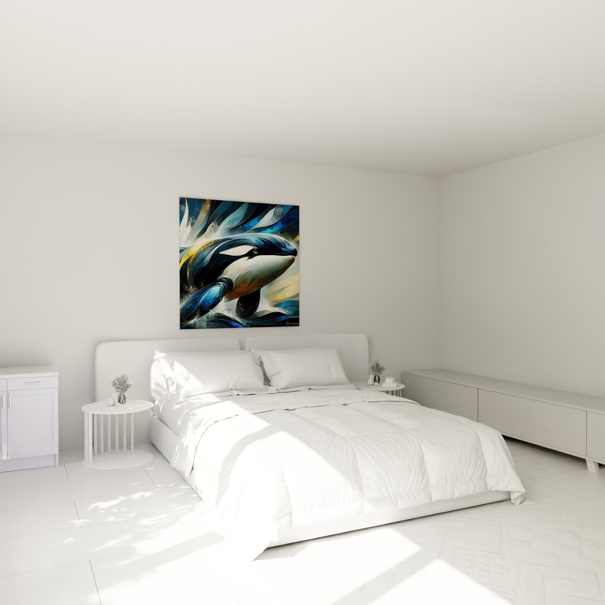 Cétacé stylisé en noir et bleu marine, éclats dorés, au-dessus d'un lit dans une chambre claire