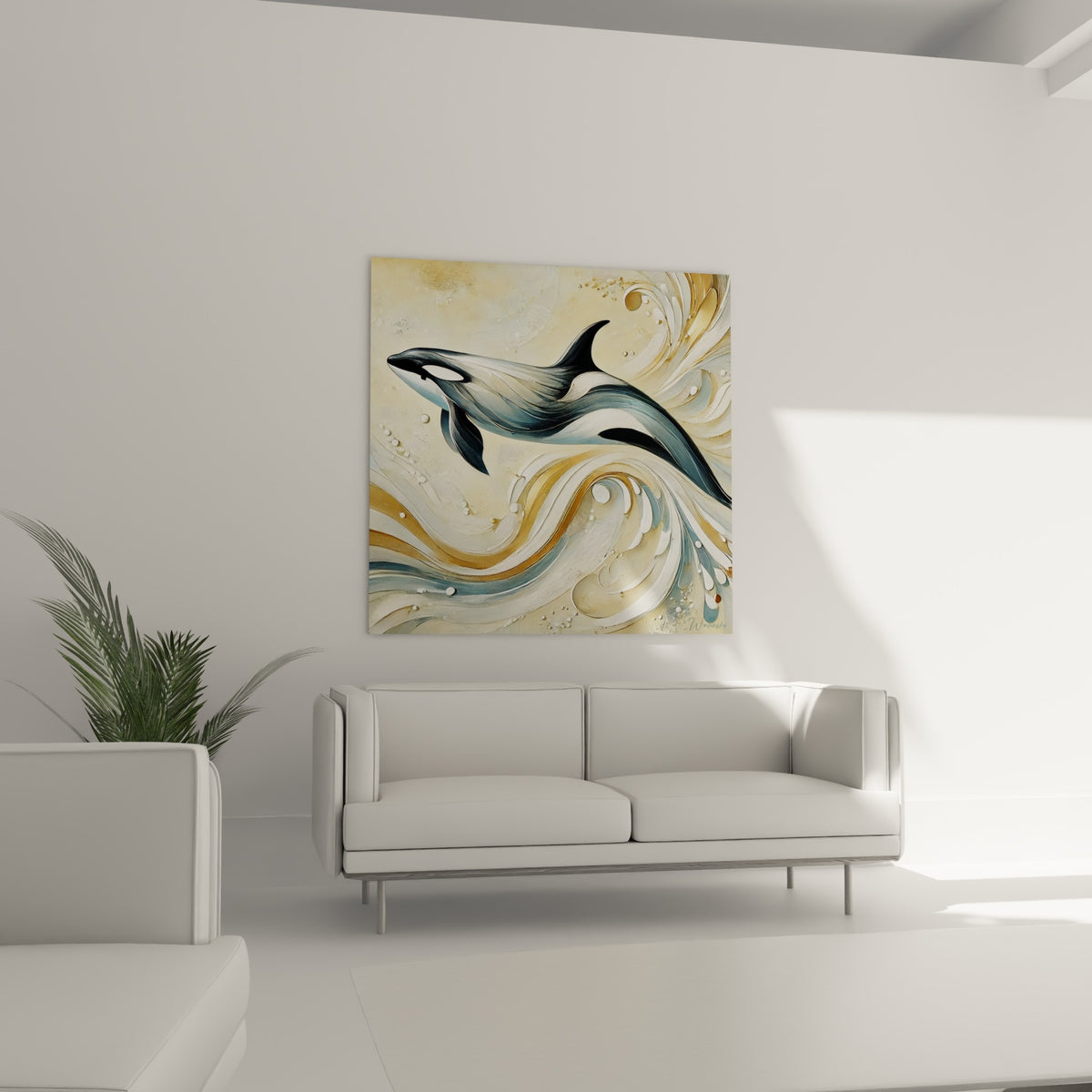 Nage gracieuse d'une orque anthracite et ocre accrochée au-dessus d'un canapé dans un salon lumineux