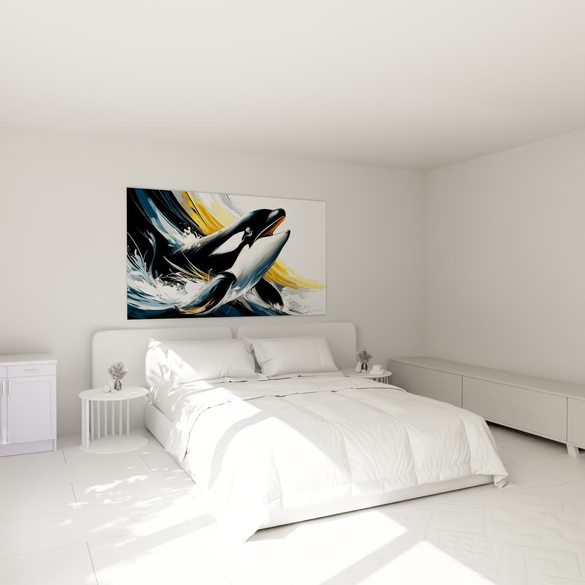 Gueule ouverte, orque noire et dorée surgit des vagues au-dessus d'un lit dans une chambre claire