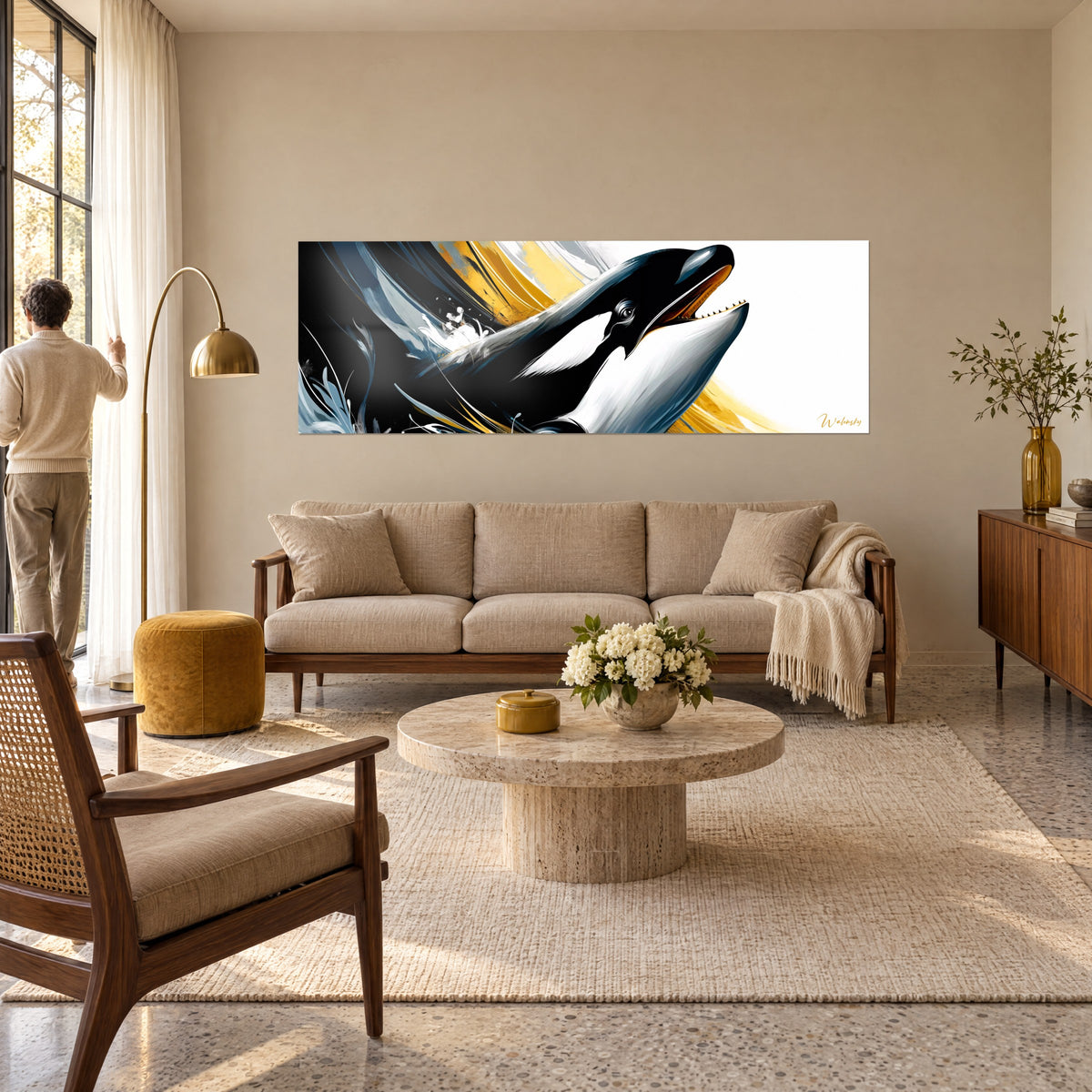 Quadro orca in bianco e nero che balza tra pennellate ocra e grigio-azzurro, un uomo di spalle sopra un divano in un soggiorno luminoso