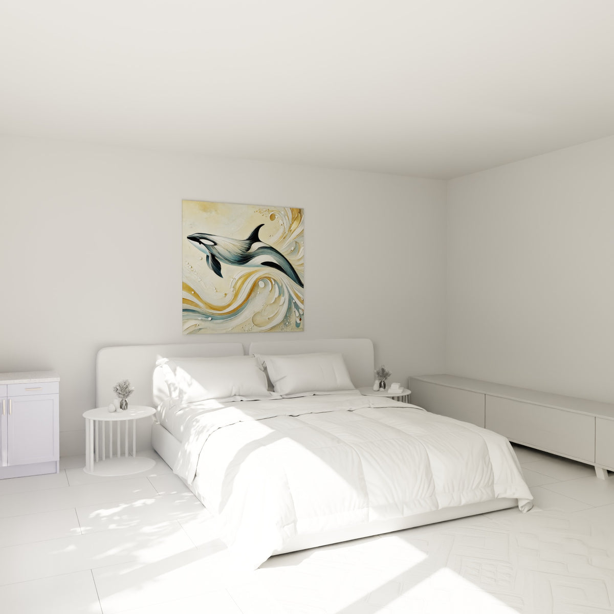 Silhouette d'orque bleu marine et doré ondulant au-dessus d'un lit dans une chambre claire