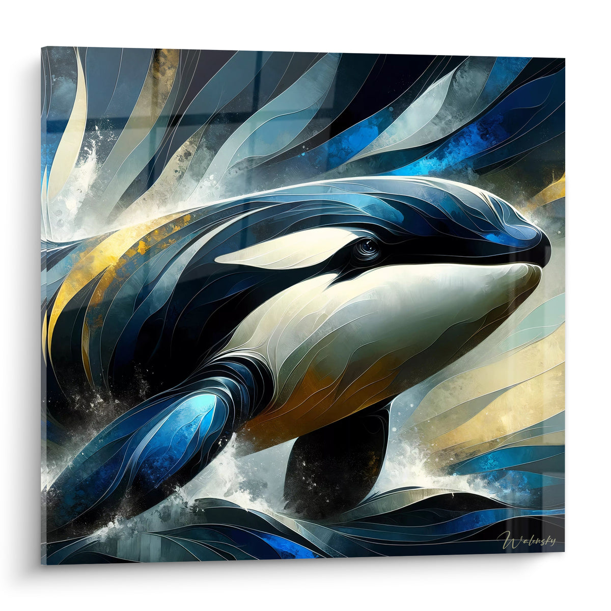 Orque noire et blanche aux vagues bleu marine et dorées, museau tourné vers la droite