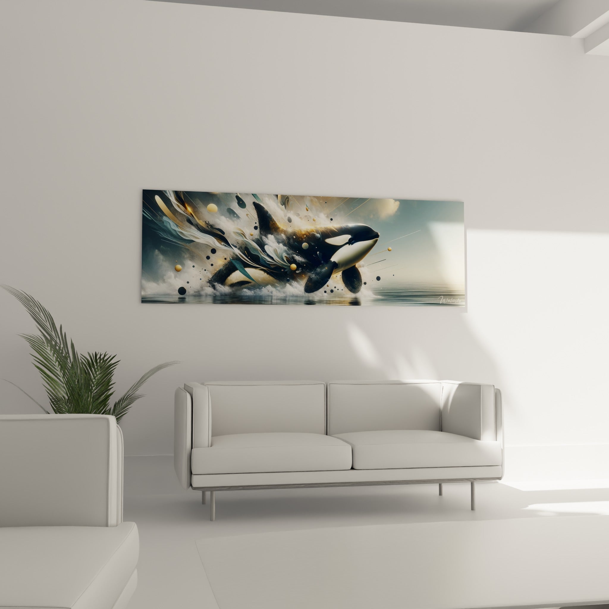 Orque marine noire et bleu brumeux surplombant un canapé dans un salon lumineux
