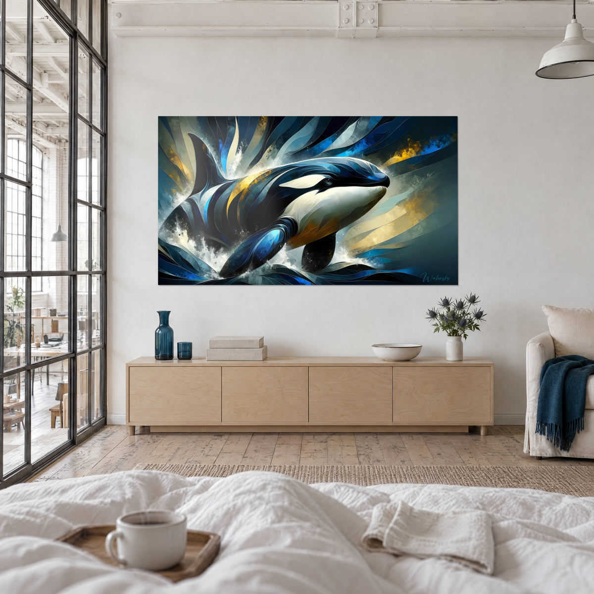 Tableau épaulard bleu nuit aux taches crème, éclats ambrés dans l'écume, deux personnes de dos au-dessus d'un lit dans une chambre claire