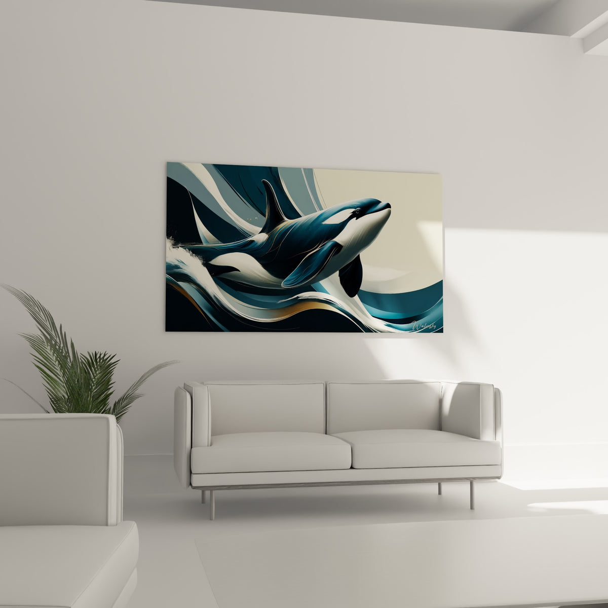 Cétacé bleu marine aux reflets dorés surgissant des vagues, suspendu au-dessus d'un canapé dans un salon lumineux
