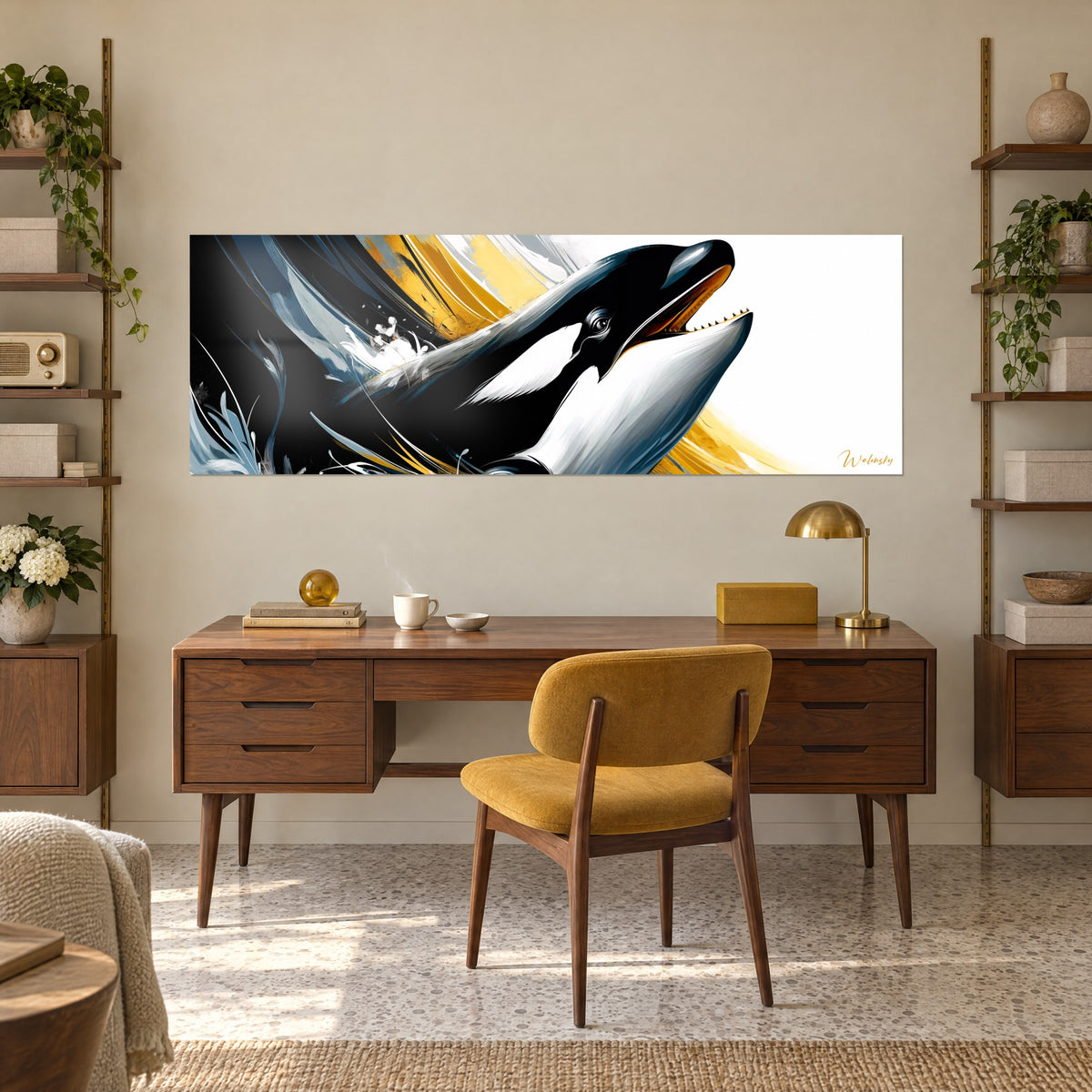 Quadro mammifero marino slanciato, dorso nero lucido e riflessi blu acciaio, pennellate dorate, appeso sopra una scrivania in legno