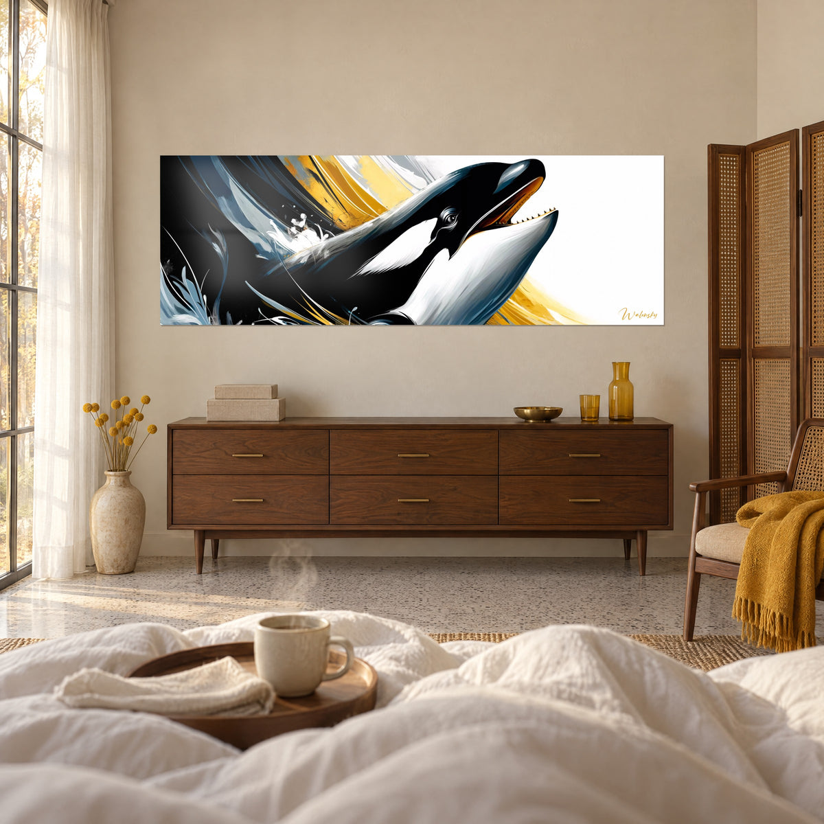Quadro tursiope in bianco e nero che emerge da spruzzi argentati su fondo giallo dorato, sopra un letto in una camera luminosa