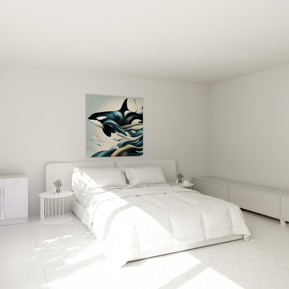 Silhouette d'orque anthracite aux vagues dorées suspendue au-dessus d'un lit dans une chambre claire