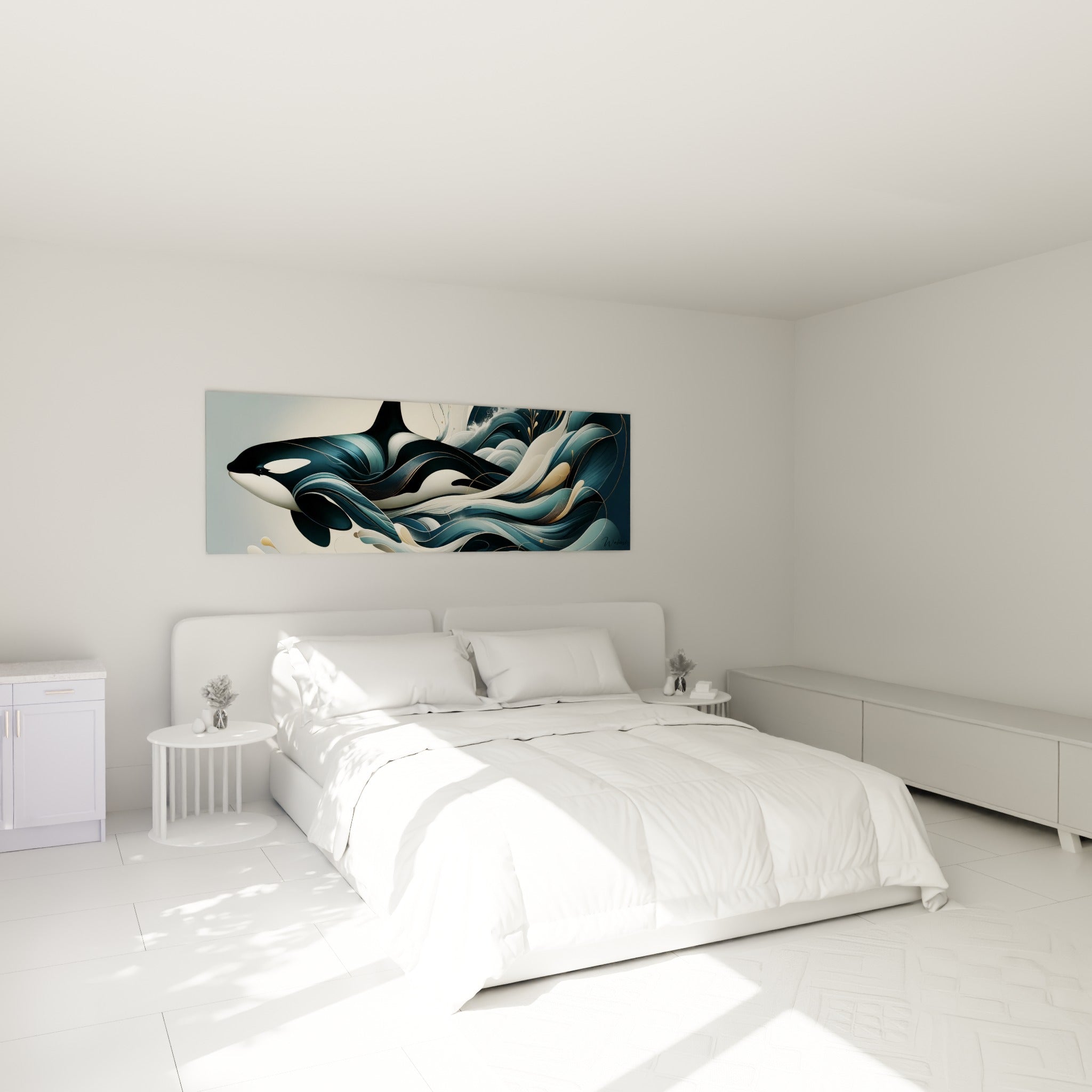 Orque et vagues bleu marine peintes avec touches dorées, accrochée au-dessus d'un lit dans une chambre claire