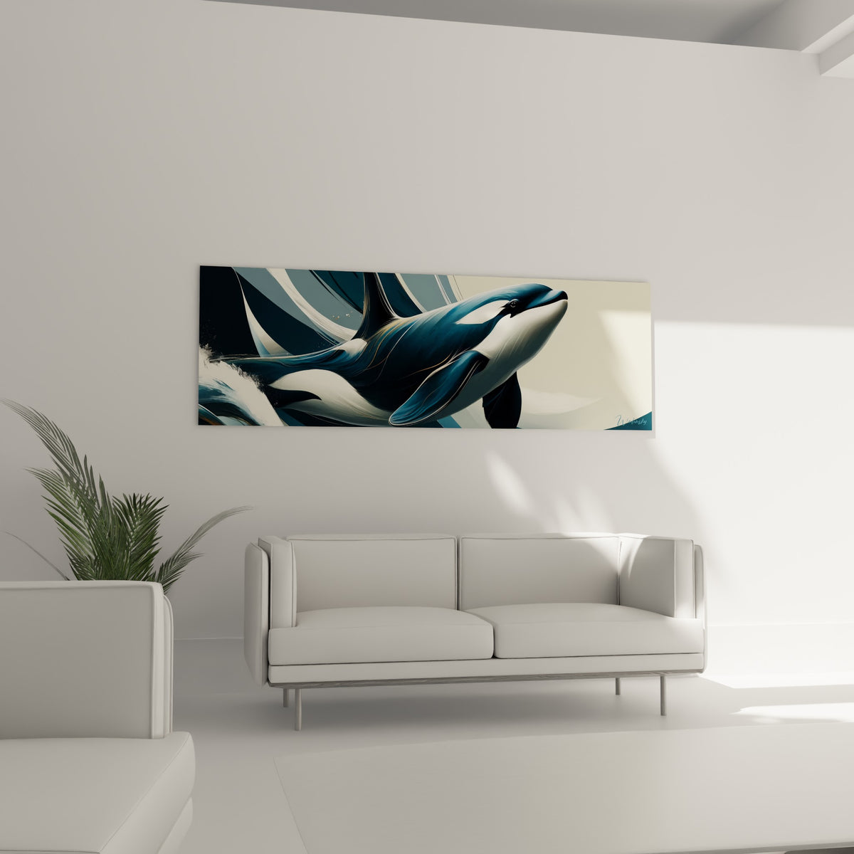 Corps sinueux de l'orque aux teintes bleu profond et blanc crème au-dessus d'un canapé dans un salon lumineux