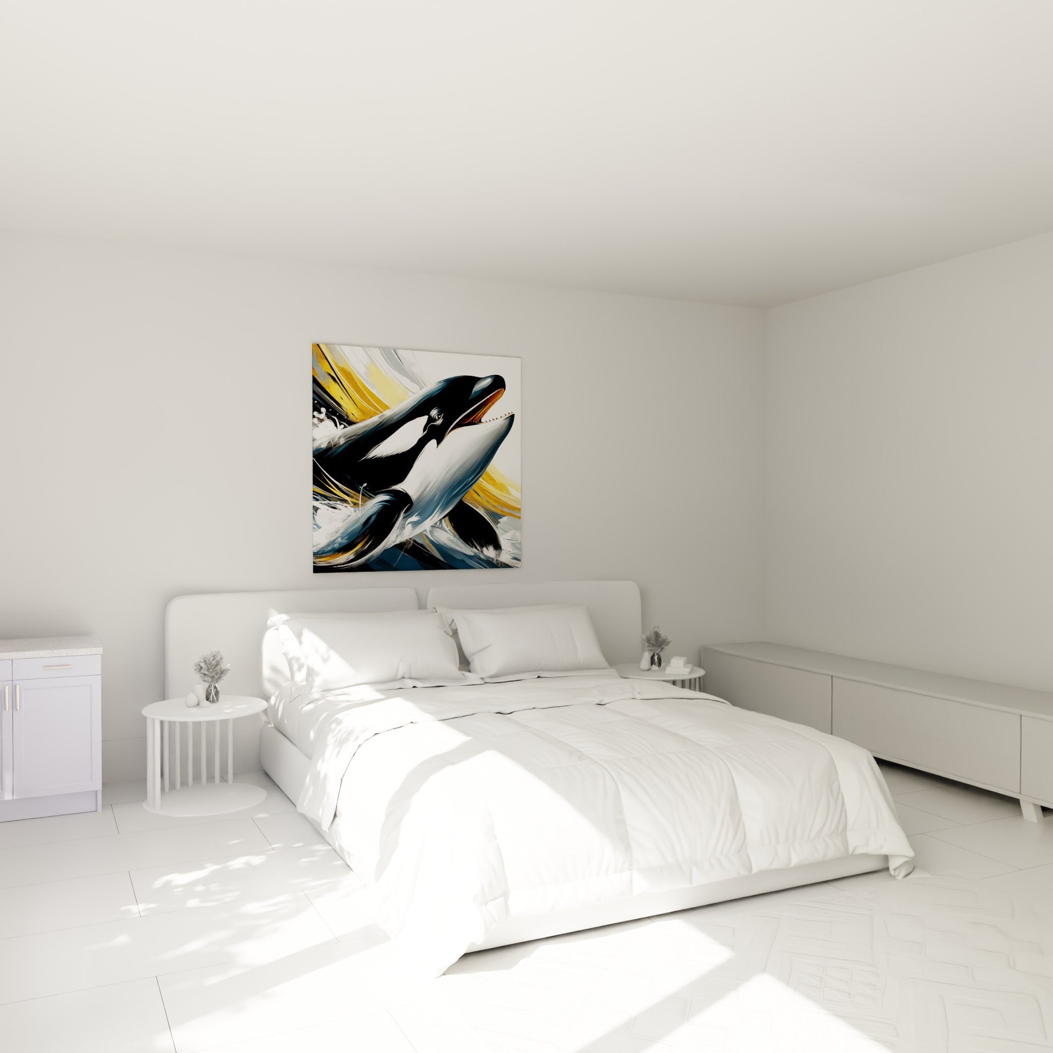 Silhouette d'orque noire et dorée jaillissant des flots, accrochée au-dessus d'un lit dans une chambre claire