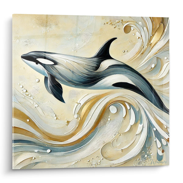 Tableau Orque noire et dorée parmi les vagues - Danse marine - Edition Orque