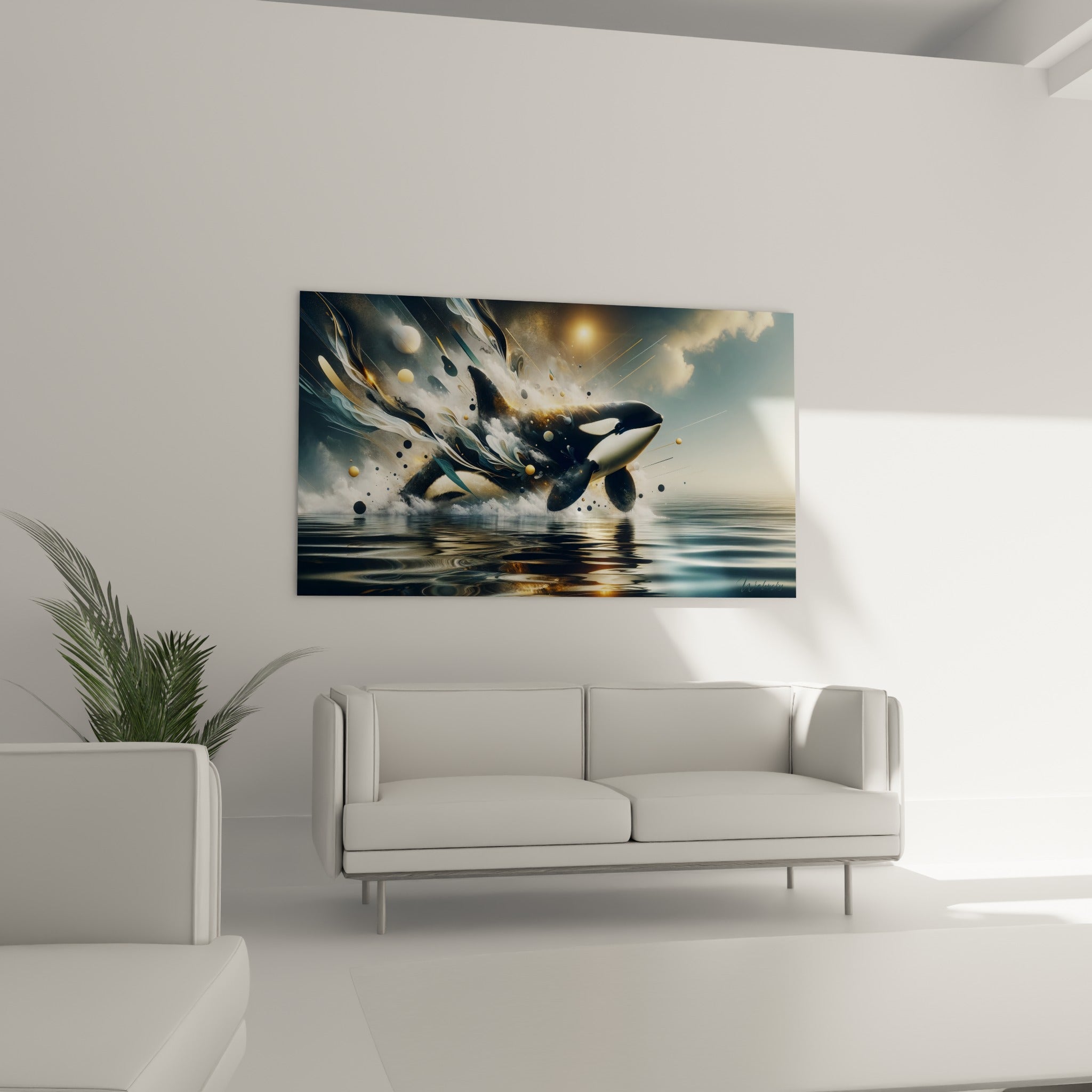 Silhouette marine noire et blanche traversée de lumière dorée, au-dessus d'un canapé dans un salon lumineux
