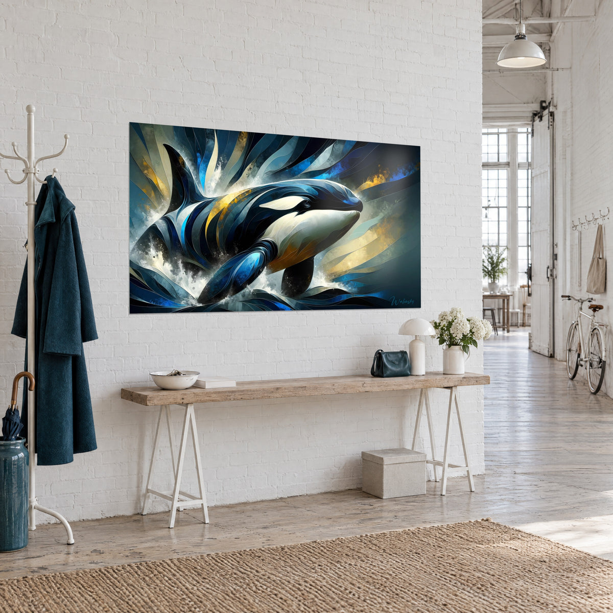 Tableau cétacé aux flancs d'encre striés de bleu cobalt, éclaboussures blanches et touches dorées, vue de trois-quarts au loft
