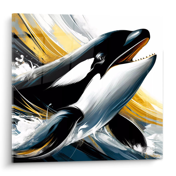 Dipinto Orca Bianco e Nero con Tratti Dorati - Furia delle Maree - Edizione Orca