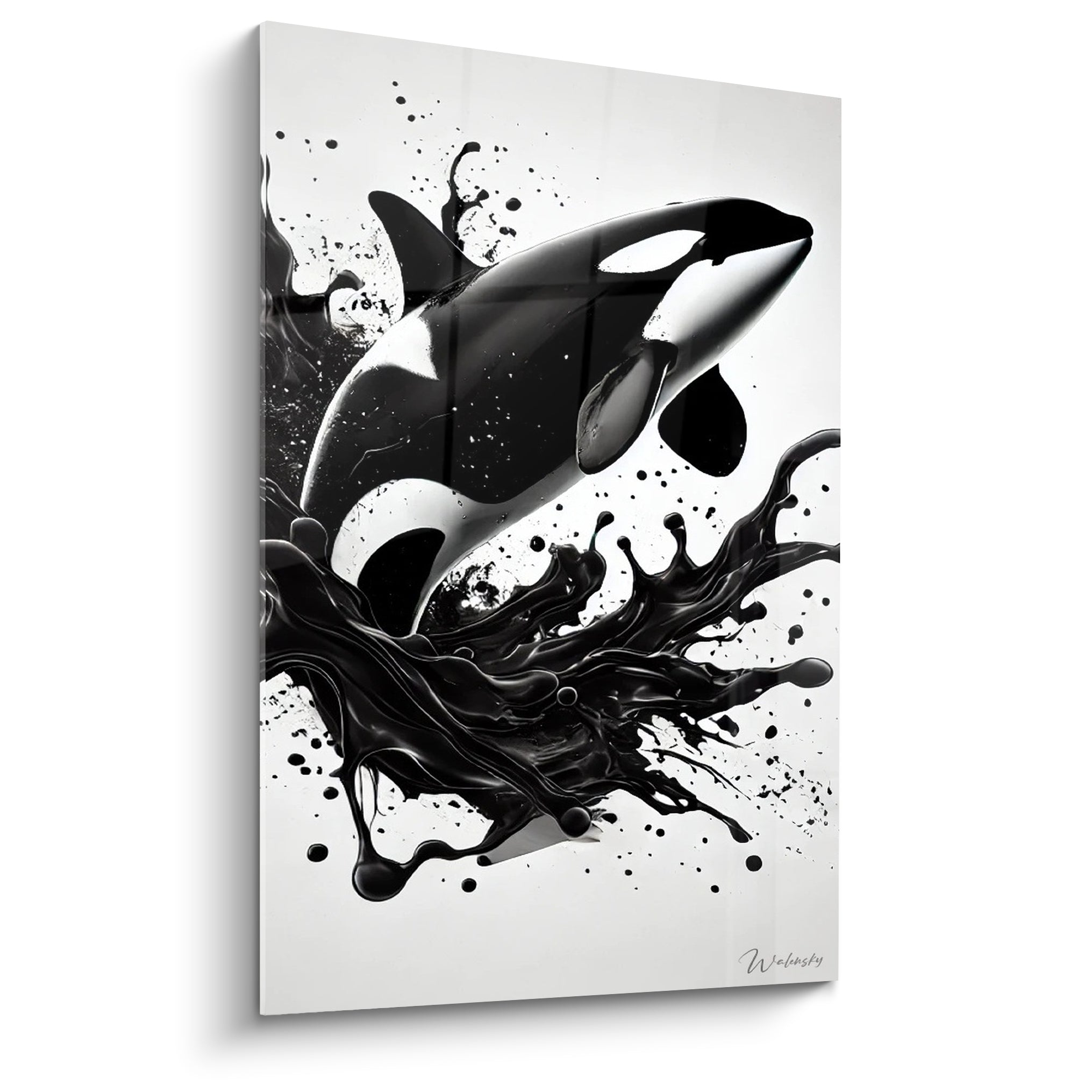 Orque noire et blanche bondissant hors d'une éclaboussure d'encre sur fond immaculé