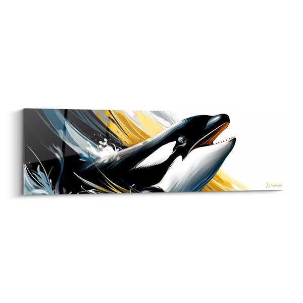 Dipinto Orca Bianco e Nero con Bocca Aperta su Sfondo Chiaro - Foglie d'Argento Fluttuanti - Edizione Orca