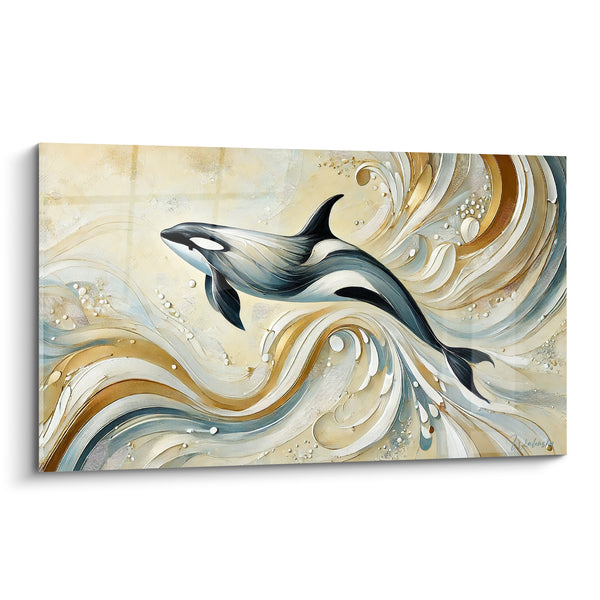 Tableau Orque noire et blanche aux vagues dorées - Élan des profondeurs - Edition Orque